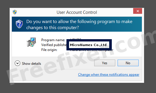 Screenshot where MicroNames Co.,Ltd appears as the verified publisher in the UAC dialog